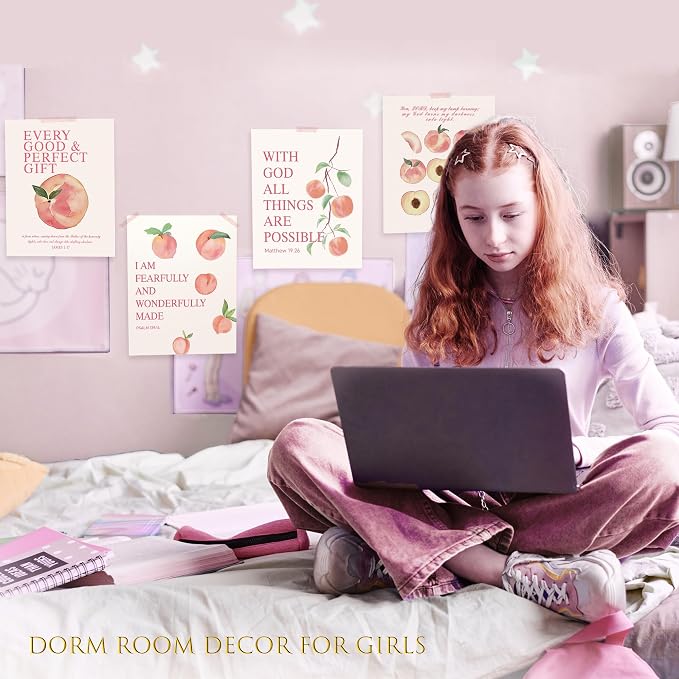 LARTSFRO Coquette Pink Peach Fruits Wall Art Decor Posters, Cute Pink Peach Christian Room Bathroom Bedroom Dorm Wall Art Decor Aesthetic for College Teen Girls Gifts, Inspirational Bible Verses Wall Decor, 10x8 Inch Set of 4 Pcs Fruits Pictures (UNFRA...