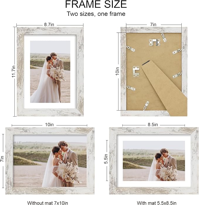 Hongkee 7x10 Picture Frame Set of 4, Made of Real Glass and Distressed White Frame - Display 5.5 x 8.5 Diploma Frame with Mat or 7x10 Without Mat, 7 by 10 Photo for Wall or Tabletop