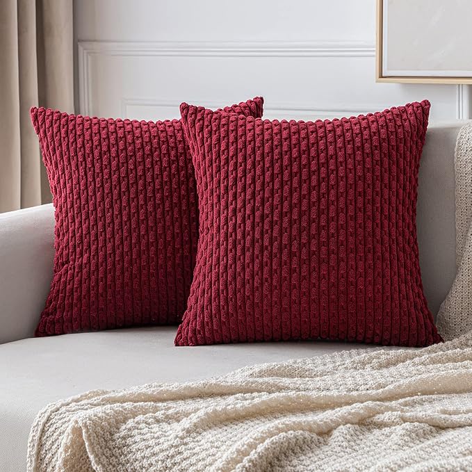 MIULEE Decorative Throw Pillow Covers 20x20 Burgundy Textured Corduroy | Pack of 2 Striped Pillow Covers Modern Farmhouse Home Decor for Couch Bed Sofa Living Room