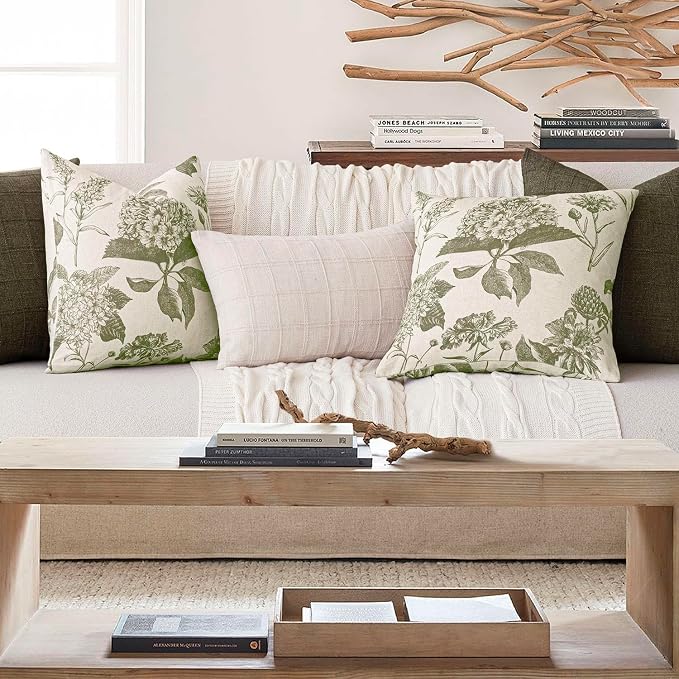 Foindtower Set of 2 Linen Floral Throw Pillow Covers Vintage Accent Print Decorative Cushion Covers Farmhouse Boho Home Decor for Sofa Chair Couch Bedroom Living Room,20×20 Inch,Sage Green