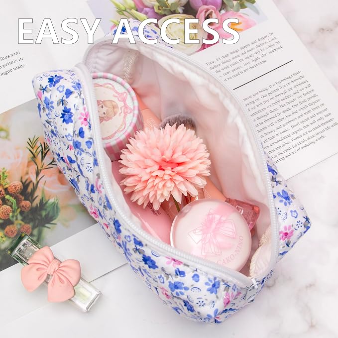 PAZIMIIK Small Quilted Makeup Bag,Zipper Cosmetic Pouch,Floral Blue,6 Pack | Lightweight Cosmetic Bag Organizer for Women,Purse Storage Holds Makeup,Toiletries,Skincare,Beauty Essentials,Travel Items