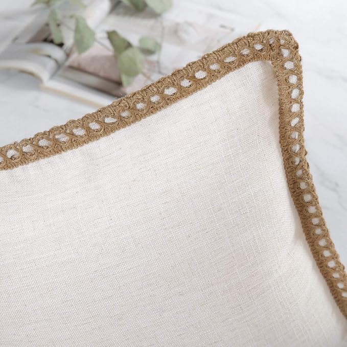 Phantoscope Farmhouse Solid Throw Decorative Pillow Cover Burlap Linen Trimmed Tailored Edges Outdoor Pillow Off White 22 x 22 inches, 55 x 55 cm, Pack of 1