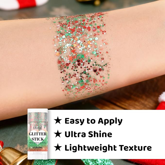 DAGEDA Christmas Body Glitter Stick,Sparkly Face Glitter Makeup,Christmas Hair Accessories Rave Outfits for Women, Green Silver Red Glitters Shimmer Face Paint Stick Singer Concert Accessories