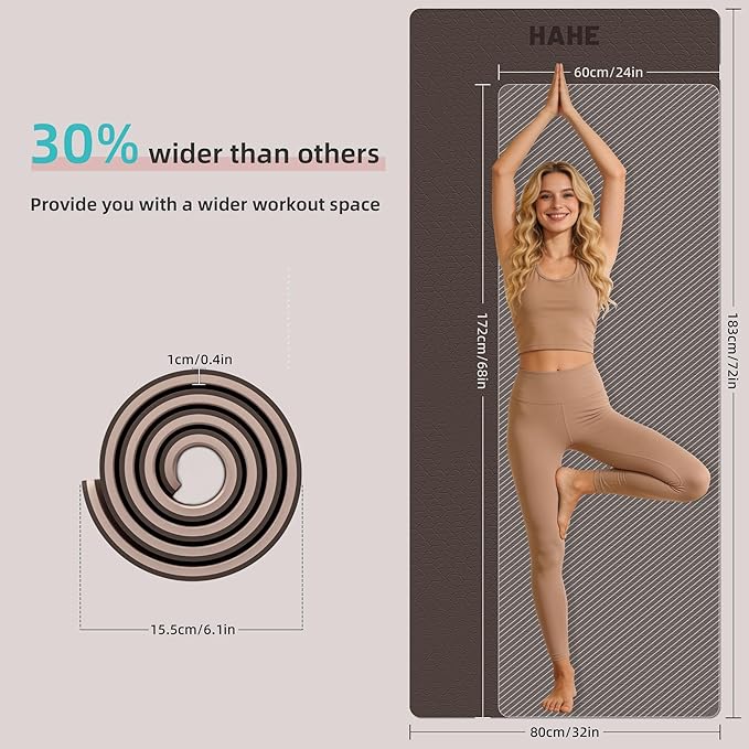 HAHE Wide Yoga Mat 72"x32"x0.4" Thick Pilates Mat with Carrying Strap