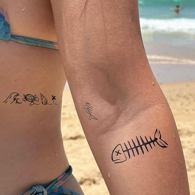 2 Sheets Long Lasting Fishbone Temporary Fake Tattoos For Women Arm Hand Neck,Horseshoe Semi Permanent Tattoo For Adults Girl,Realistic, Waterproof and Non-Reflective,Minimalist Design