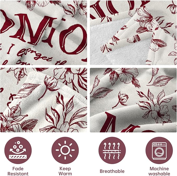 Gifts for Mom, Mom Birthday Gifts from Daughter Son, To My Mom Blanket | I Love You Mom Gifts for Birthday, Christmas, Mothers Day, Blanket for Mom with Hibiscus Flowers Print, 60" x 50", Burgundy