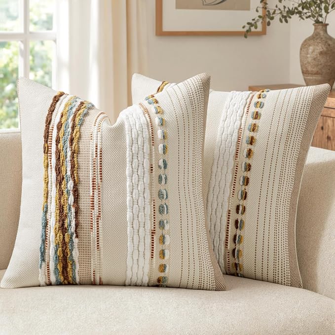 ANRODUO Decorative Boho Pillow Covers Orange White 18x18 Inch Pack of 2 | Throw Pillow Covers, Farmhouse Striped Pillow Covers, Chenille Tufted Pillow Cases, Neutral Pillowcase for Living Room Couch