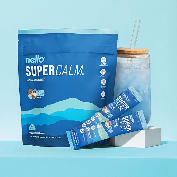 Nello Supercalm Powdered Drink Mix, Blue Coconut, L Theanine, Ksm-66 Ashwagandha, Magnesium Glycinate, Vitamin D 3, Supplements for Relaxation & Focus, No Sugar, Non GMO, On The Go, 20 Srvgs