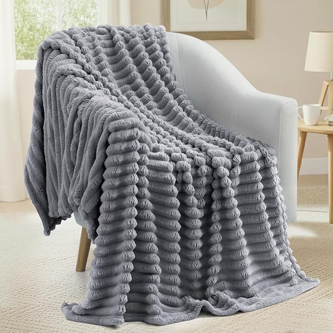 decorUhome Grey Fleece Throw Blanket 50x60 Inches | Soft Couch Cozy Fluffy Plush Flannel Striped Blanket for Sofa Bed, Lightweight Decorative Ribbed Fuzzy Blanket for Woman