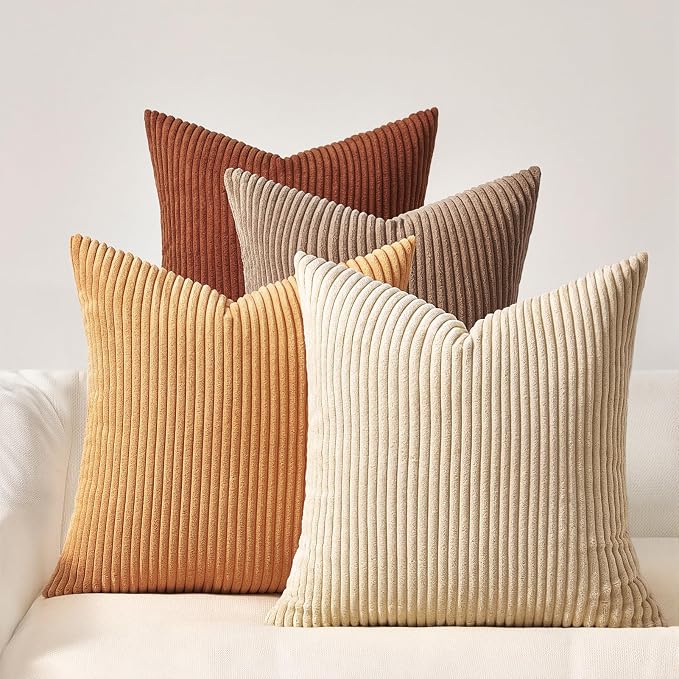 Topfinel Yellow Brown Gradient Rustic Pillow Case Boho Throw Pillow Covers 22x22 Inch Set of 4 Soft Farmhouse Corduroy Striped Decorative Cushion Cover for Sofa Couch Living Room Bedroom