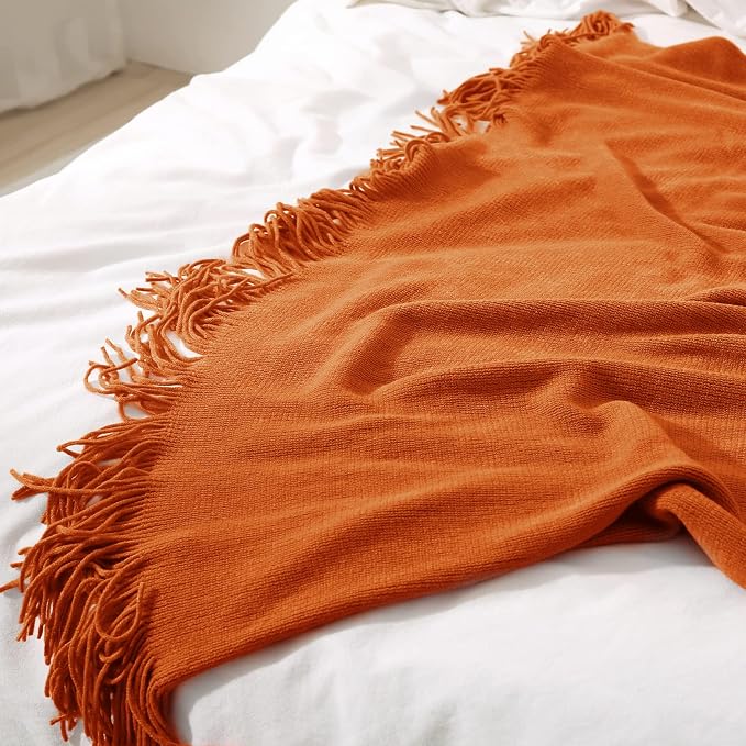 Homiest Dark Orange Knitted Throw Blanket with Fringe, 50x60 Inch | Pure Acrylic, Lightweight & Breathable, All-Season Use, Machine Washable, Wrinkle & Fade Resistant, for Couch Sofa And Bed