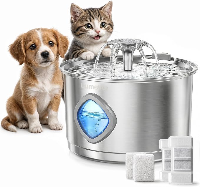 Cat Water Fountain Stainless Steel, 2.8L Quiet Dog Water Fountain | Automatic Quiet Pet Drinking Fountain, Water Level Window, 2 Filters & 2 Sponges - Gift for Small Animals like Dog & Kitty