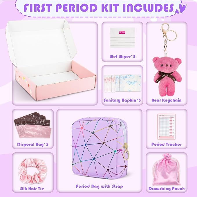 Likesing First Period Kit for Girls, 5.3" Tampon Holder for Purse, Menstrual Starter Tampon Bag Pad Pouch, Emergency Sanitary Napkin Storage Bag Teen Period Kit Gifts for Tweens