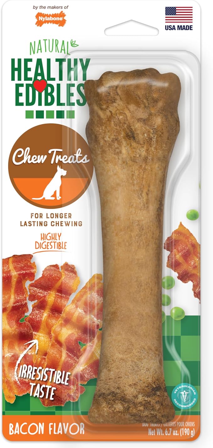 Nylabone Healthy Edibles Natural Dog Chews Long Lasting Bacon Flavor Treats for Dogs, X-Large/Souper (1 Count) | Natural dog chews, occupying & long lasting dog treats, made in the USA, highly digestible, dog bones for large dogs 50+ lbs