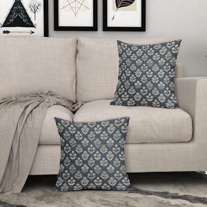 Dusty Blue Floral Pillow Covers 24x24 Inch Set of 2, Vintage Flower Block Pattern Decorative Throw Pillowcases Outdoor Farmhouse Cushion Covers Spring Summer Rustic Decoration Sofa Couch Bed Decor