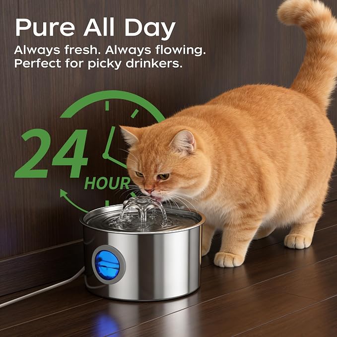 Cat Water Fountain Advanced 304 Stainless Steel 3.2L/108oz with Detachable Tank, Easy to Clean, Automatic Pet Fountain Quiet Cats Water Dispenser, Dogs (108oz Cat Fountain)