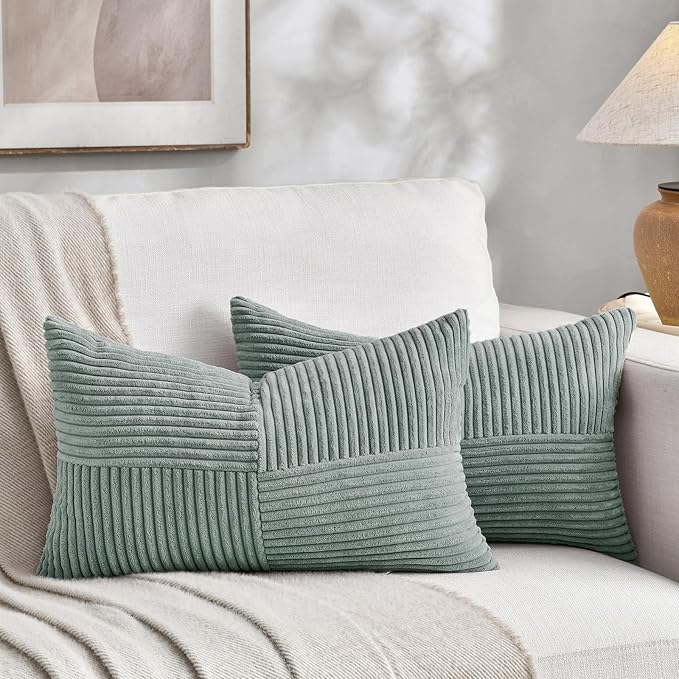Fancy Homi Grey Blue Lumbar Decorative Throw Pillow Covers 26x16 Inch for Couch Bed Sofa, Rustic Farmhouse Boho Home Decor, Soft Striped Corduroy Rectangle Accent Cushion Case 40x65 cm
