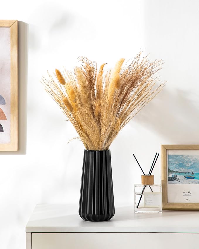 vancasso Ceramic Vase, 7.8 Inch Modern Ribbed Glossy Decorative Vase, Flower vase for Home Decor, Living Room, Bedroom, Office Decor, Black