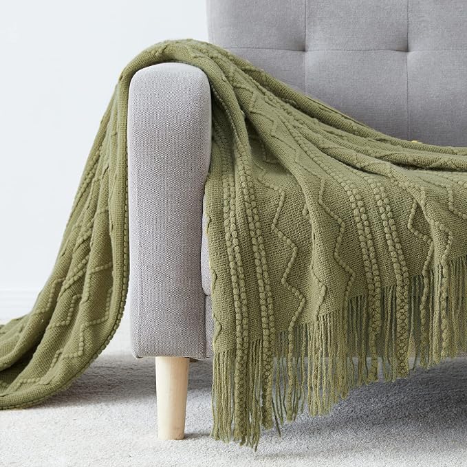 BOURINA Olive Throw Blanket 50x60 Inch Boho Knitted Soft Throw Sofa Blanket | Knitted Throw Blanket 50x60 Inches, Soft Lightweight Boho Weave Throw Decorative Couch Blanket for Living Room Bedroom Chair