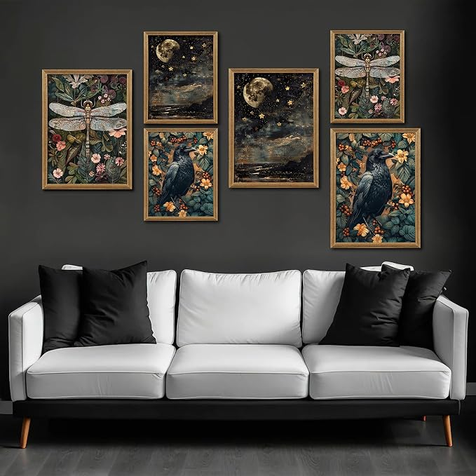 ICHZUMW Framed William Morris Raven Dark Academia Canvas Wall Art 12x16 In | Gothic Dark Cottagecore Crow Painting, Moody Floral Wall Decor for Bedroom Living Room Bathroom Office, Ready to Hang