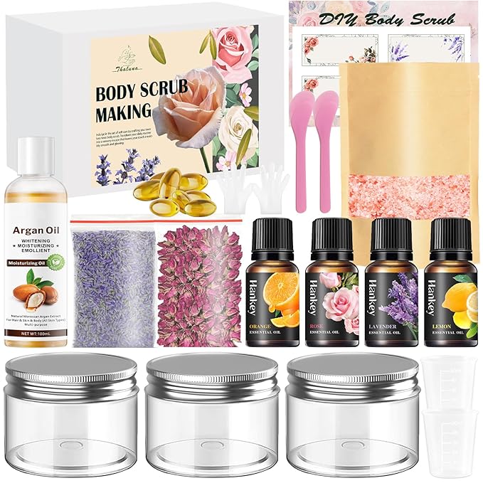 THALUNA Body Scrub Making Kit, Salt DIY Body Scrub Kit to Make Your Own Spa Kit with Pink Salt, Argan Oil, Essential Oils, Moisturizing Gentle Exfoliating Bath Sets for Women Gift Christmas Gift Girls