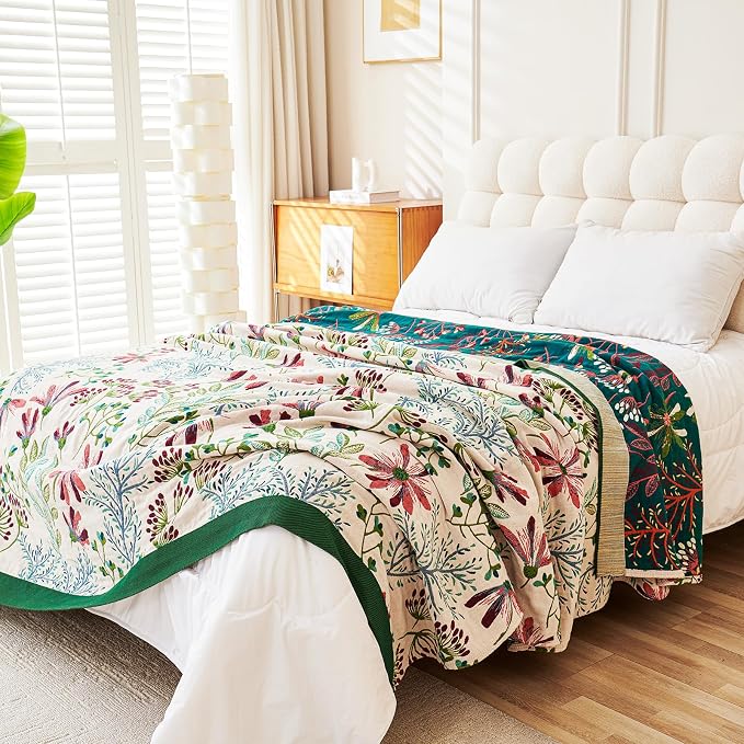 VANJOROY Boho Throw Blanket, 100% Organic Cotton Breathable Ultra Soft 60" x 80" Bed Quilt Throw - All Season Floral Rustic Farmhouse Decor Luxury Reversible Blanket for Sofa Couch Chair and Gift
