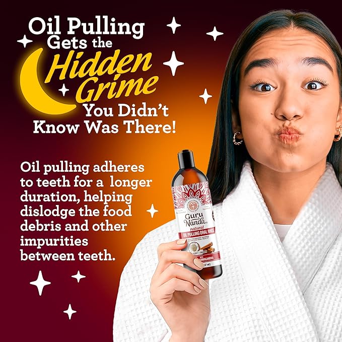 GuruNanda Cinnamon Oil Pulling Mouthwash, Promotes Calmness, with Neem & Ashwagandha for Fresh Breath & Happy Gums, Alcohol-Free, with Toothbrush & Tongue Scraper, 3X8 Oz