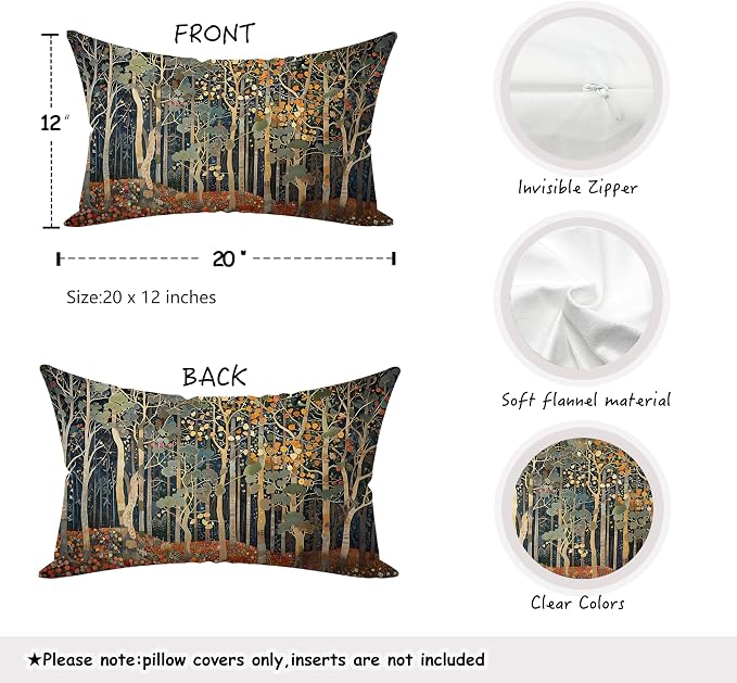Rustic Autumn Forest Pillow Covers 12x20 Double-Sided, Fall Home Room Decor, Vintage Botanical Nature William Morris Inspired Decorative Throw Pillow Covers for Home Bedroom Living Room