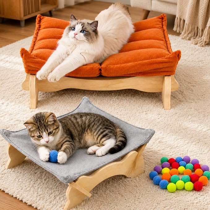 Elevated Cat Bed Wooden with Removable Washable Cushion | Solid Wood Raised Pet Lounge for Indoor Cats and Small Dogs, Cat Furniture for Living Room, Multi Pet Homes