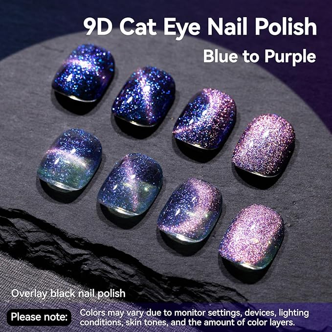 9D Cat Eye Nail Polish, Blue to Purple Double Magic Colors Galaxy Collection | Quick Air Drying | Rich in Castor Oil | Salon Home DIY Nail Art Travel Manicure Gift for Women Girls