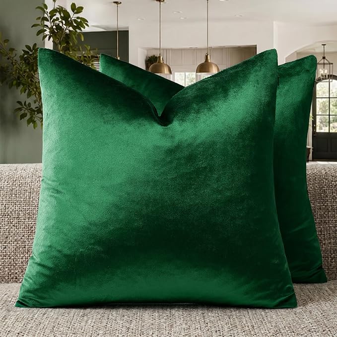 GIGIZAZA Green Velvet Pillow Covers 26x26 Decorative Pillows Pack of 2 | Throw Pillows for Couch,Euro Sham,280gsm Soft Textured Fabric,Modern Pillowcases,Luxury Cushion Covers
