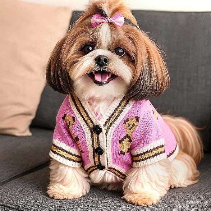 ABRRLO Small Dog Sweaters Cute Bear Dog Cardigans Clothes for Small Medium Dogs Boy Girl Puppy Cat Knitting Cardigan Outfits Dogs Winter Coats Warm Pet Doggy Clothes Soft Knitwear (Pink, Medium)