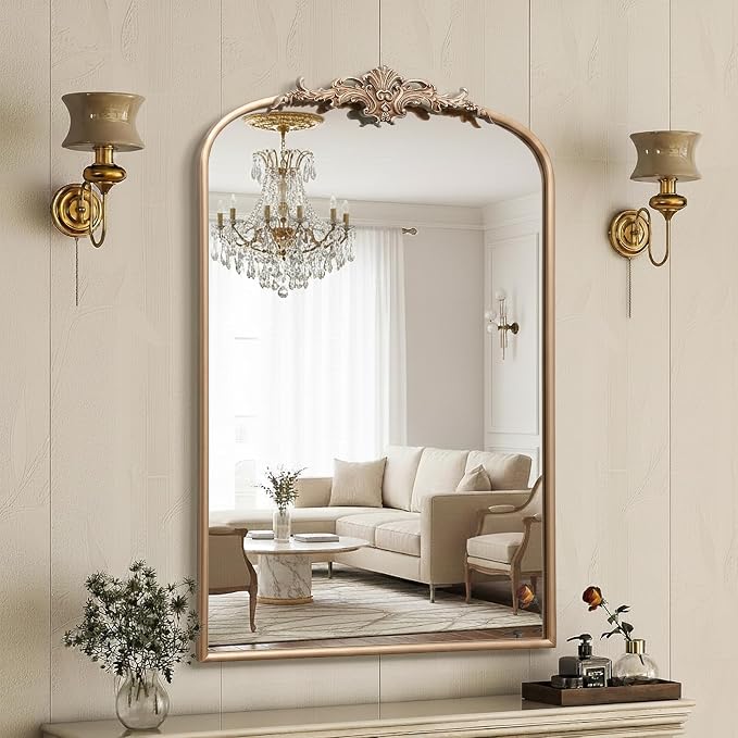 Besdomus Antique Large Wall Mirror: 24"x36" French Arched Vanity Mirrors | Champagne Baroque Vintage Decorative - Traditional Ornate for Entryway/Dresser/Over Sink - Ideal for Bathroom Renovations