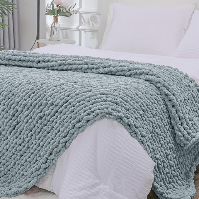 Bigacogo Chunky Knit Throw Blanket for Couch, 40x80 inches, Dusty Blue | Hand Knit with Jumbo Chenille, Soft Breathable Cable Knit for Sofa Bed Living Room, Machine Washable, Gift for Mom Friend