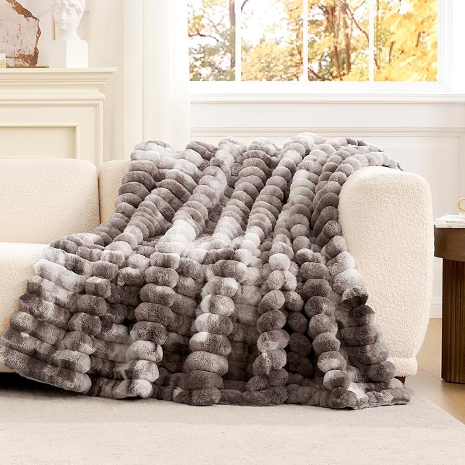 Cozy Bliss Faux Fur Throw Blanket for Couch, Cozy Warm Plush Striped Blanket for Sofa Bedroom Living Room, 60 * 80 Inches Tie-dye Grey