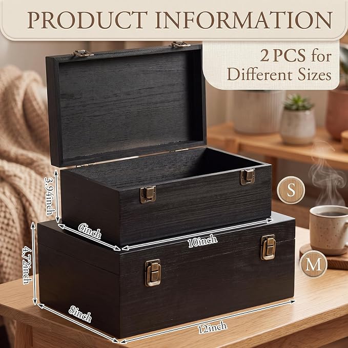 Sliner 2 Pcs Wooden Decorative Storage Boxes with Lids Vintage Wood Organizer Bins for Your Bookshelf Home Decor Safely Store Photos Documents Memory Jewelry Craft Storage (Glossy Black,S M Size)