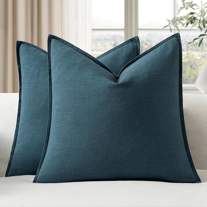 EMEMA Euro Sham Decorative Linen Throw Pillow Covers 22x22 Inch Navy Blue | Boho Farmhouse Neutral Couch Throw Pillows for Bed Pack of 2 Accent Pillowcase Modern Sofa Cushion Livingroom Home Decor