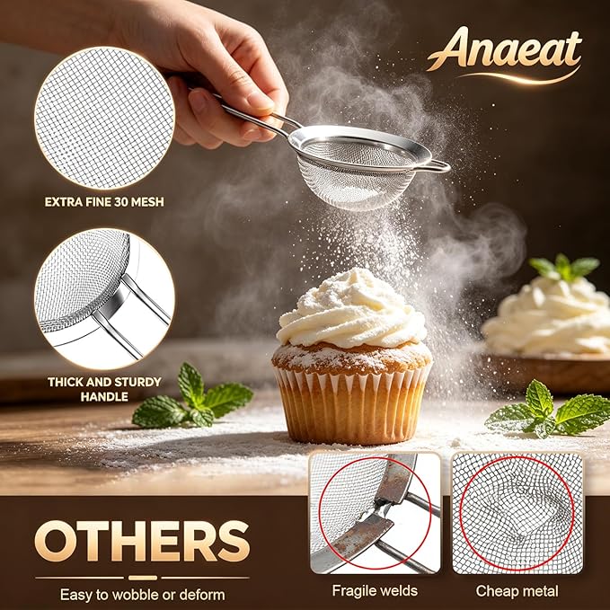 Anaeat Fine Mesh Strainers - Premium Stainless Steel Colander Sieve Sifters, with Durable Mesh and Sturdy Handle, Excellent for Sifting Dry ingredients, Flour, Pastas, Rice, Tea (5.5")