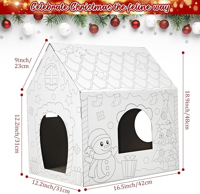 Cinrobiye Christmas Cardboard Cat House with Scratcher DIY Coloring Pet Gingerbread Board Bed Cave Playhouse Hideaway Hideout Condo Decor Animals Scratch Box for Indoor Cats Kittens Rabbits Bunny