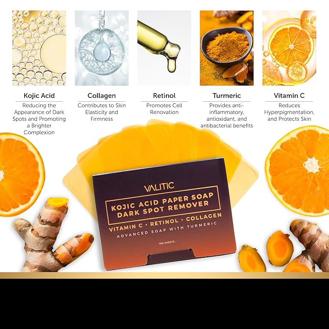 VALITIC Turmeric Kojic Acid Cleansing Soap Melting Sheets - Dark Spot Corrector Paper Soap - 100 Travel Size Facial Exfoliating Sheets With Vitamin C, Retinol, Collagen - 3 Pack