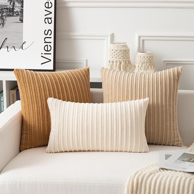 UGASA 12x24 Inch Pillow Cover Pack of 1 Soft Boho Stripe Corduroy Long Rectangular Lumbar Cushion Cover Farmhouse Decorative Throw Pillowcase for Bed, Couch, Sofa, Bedroom, Living Room, Cream