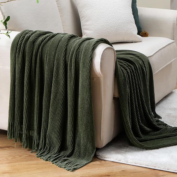 BATTILO HOME Olive Green Throw Blanket for Couch, 60"x80" | Soft Chenille Knit Throws with Tassels for Home Decor, Dark Green Blankets and Throws for Bed Couch Cover