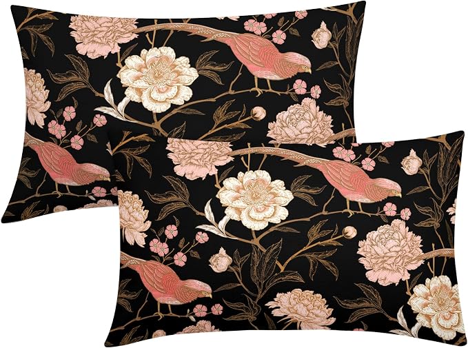 Pink White Roses Floral Lumbar Pillow Covers 12X20 Inch Set of 2 Retro Flowers Birds Gold Leaf Decorative Pillow Cases Art Vintage Black Cotton Linen Cushion Case Home Decor For Sofa Porch Outdoor
