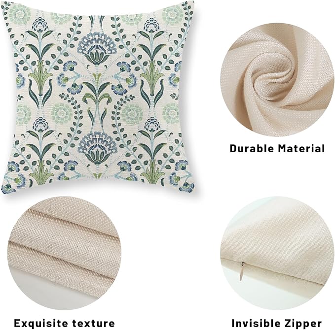 Blue Green Pillow Covers 18x18 Inch Set of 2 Boho Floral Decor Throw Pillows Vintage Block Print Flower Outdoor Linen Decorations Pillowcase Linen Cushion Cover for Couch