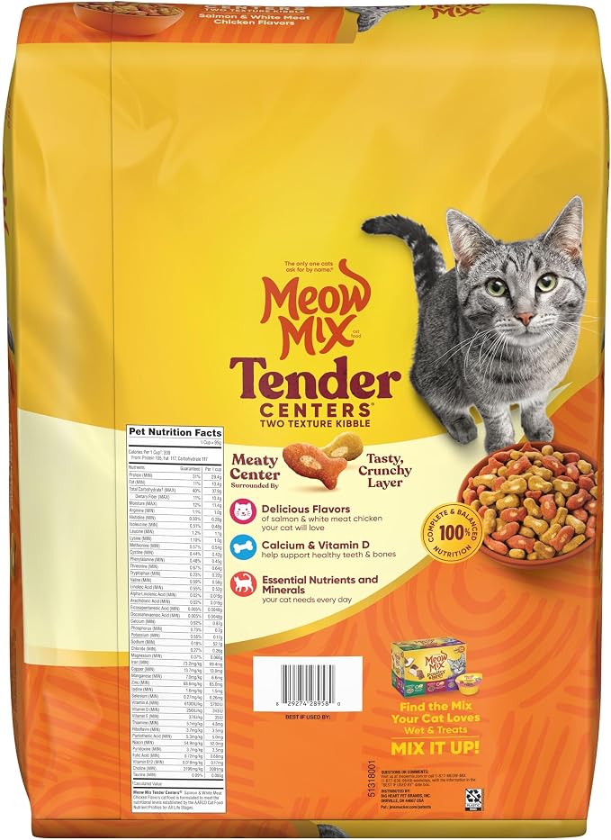 Meow Mix Tender Centers Salmon & White Meat Chicken Flavors, Dry Cat Food, 14.2 lb. Bag | Dry cat food with two texture kibble, meaty center surrounded by a crunchy outer layer.