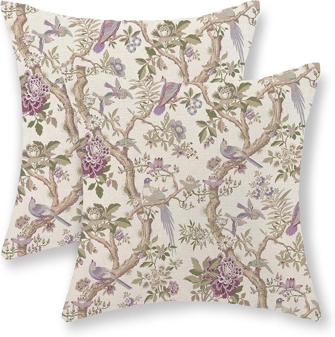 Chinoiserie Pillow Covers 22x22 Set of 2 Purple Green Floral Bird Throw Pillows Vintage Flowers Bird Decorative Pillow Cases Outdoor Chinoiserie Decor Farmhouse Cushion Case for Couch Sofa