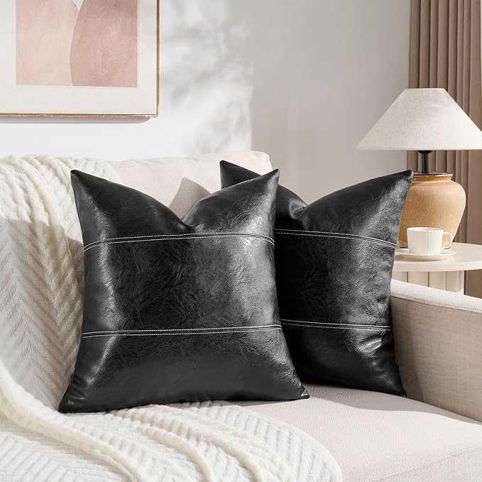 Fancy Homi Black Boho Faux Leather Decorative Throw Pillow Covers 18x18 Inch for Living Room Couch Bed Sofa, Rustic Modern Farmhouse Home Decor, Hand Stitched Square Cushion Case 45x45 cm
