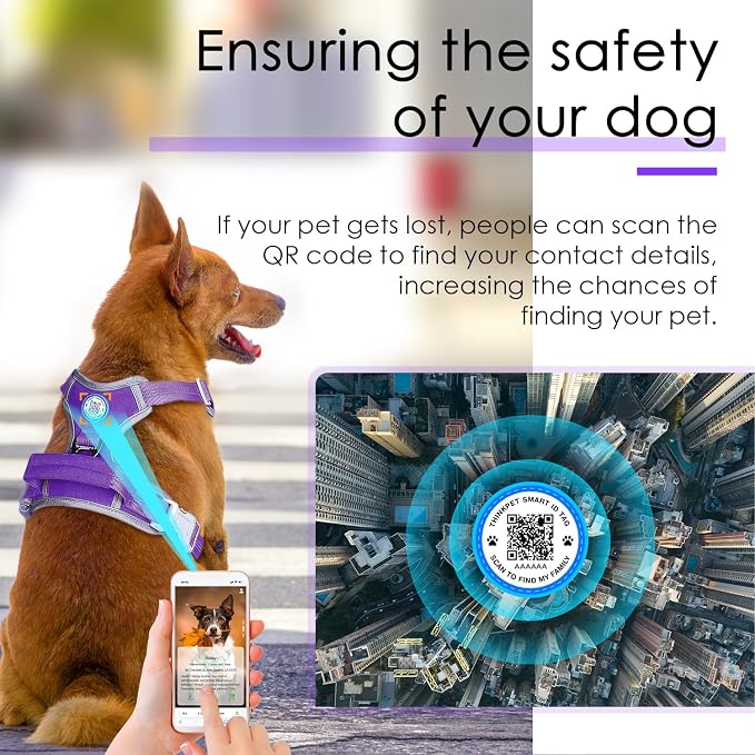 ThinkPet No Pull Harness Breathable Sport Harness with QR Code Dog Tag Reflective Dog Harnesses Smart ID Tagwith Handle Adjustable for Medium Large Dogs Back/Front Clip for Easy Control L Purple
