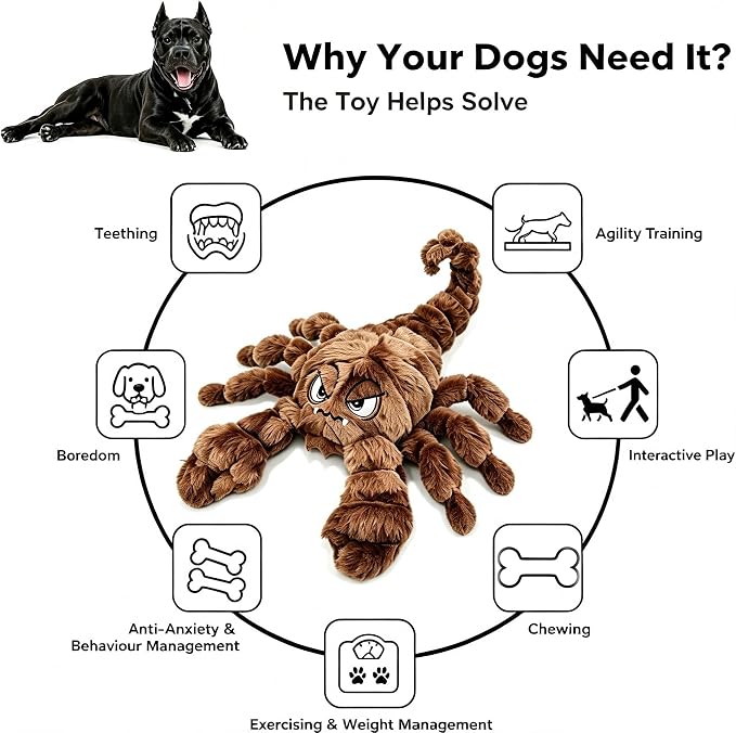 Furdog Squeaky Plush Dog Toy Interactive Chew Toys for Small Medium Dogs, Tough Crinkle Stuffed Animal Toys to Keep Them Busy, Brown Scorpion