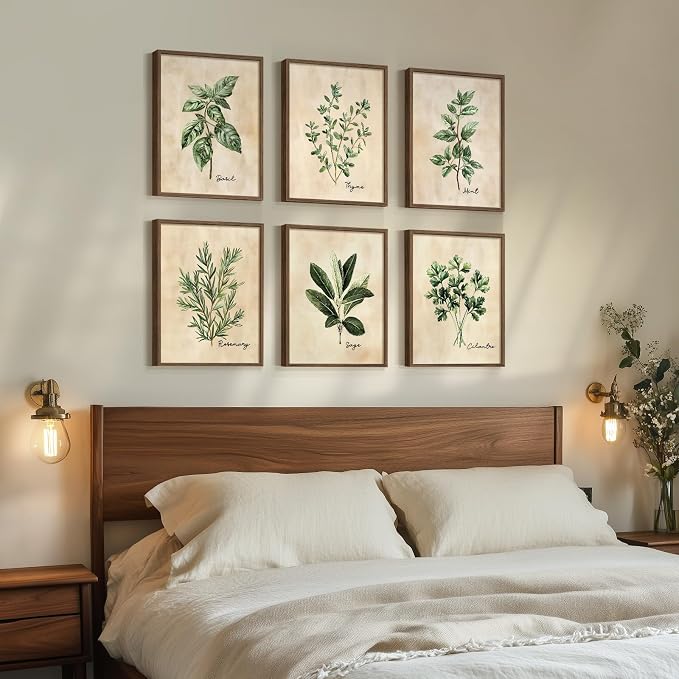 Framed Rustic Sage Green Botanical Wall Art for Kitchen, 6 Piece 11x14 In | Modern farmhouse wall decor, Herb spices plant leaf pictures, Canvas prints, Living room bedroom dining room artwork